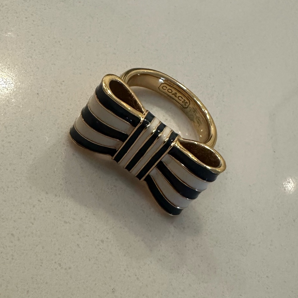 Coach Gold Bow Ring with Navy and White Stripes